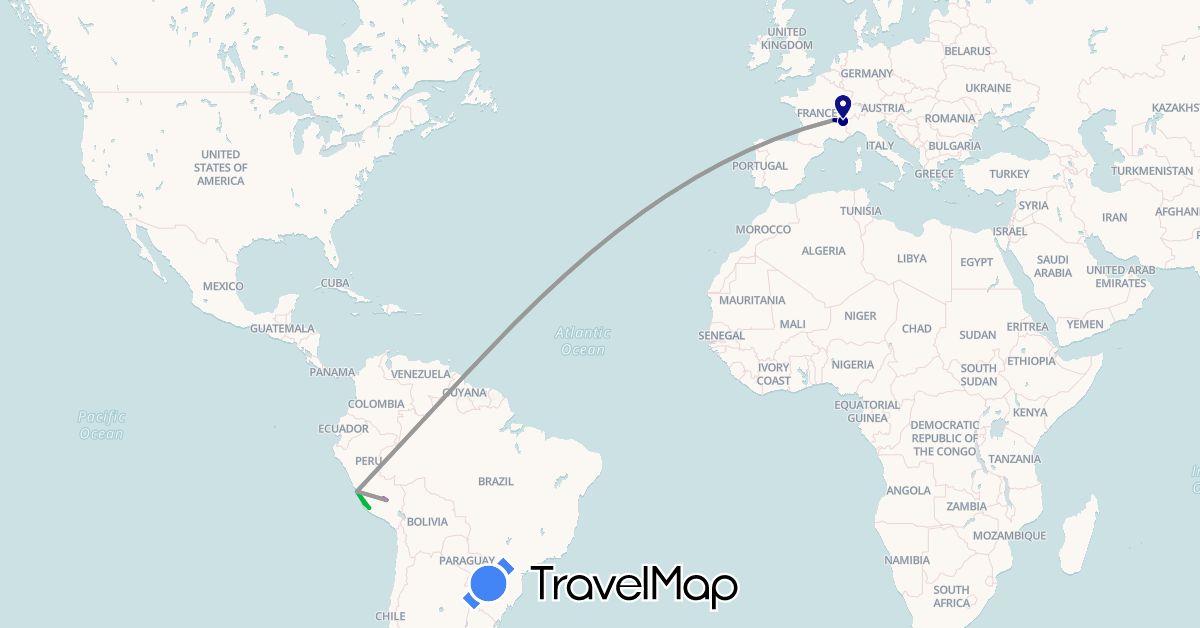 TravelMap itinerary: driving, bus, plane, train in France, Peru (Europe, South America)